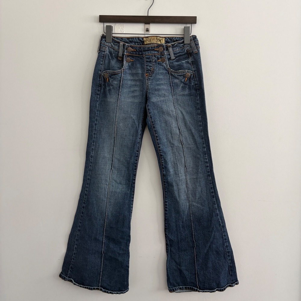Hint Jeans Womens Size 3 Blue Denim Flare Leg Low Rise Y2K Pintuck Seam Jeans
